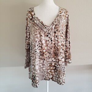 Susan Graver Liquid Knit Top Tunic Abstract Animal Print V-Neck Ruching Size XL
